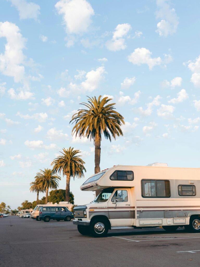 pexels-photo-3560366-3560366-1 RVs parked under palm trees in a bright daylight urban parking lot setting.